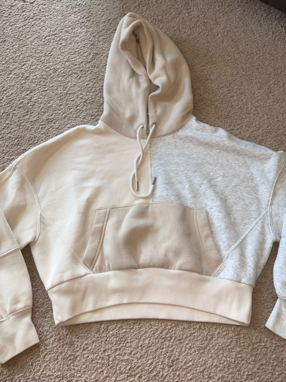 Abercrombie & Fitch Colorblock Cropped Hoodie Sweatshirt - Cream/Light Gray